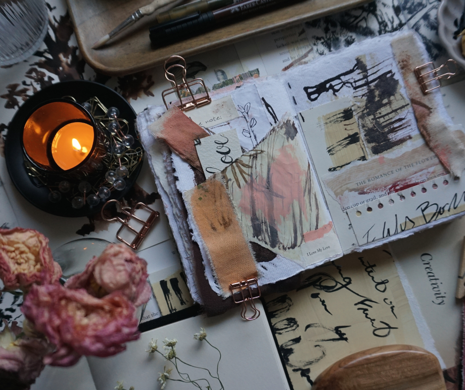 art table with artist collage journal with bits of collage paper on desk