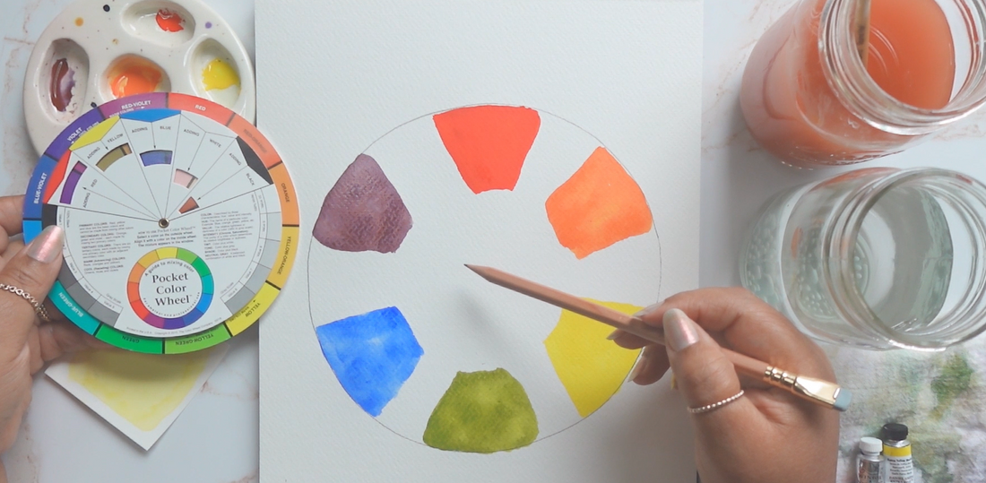 top-down view of a white art table with a hand-painted color wheel on paper. The artist is holding a pencil in the right hand and another color wheel in the left hand, illustrating the basics of color theory.